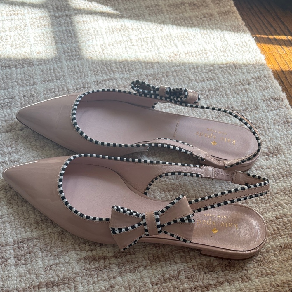 kate spade nude pointed slingback flats with bow and trim